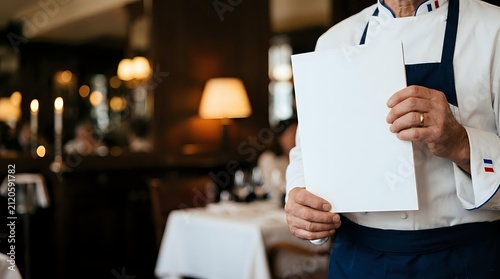 Male waiter in white shirt and dark apron holding blank menu in upscale restaurant with warm lighting and elegant table setting in background.