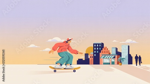 Illustration of a young man skateboarding through city streets at sunset with buildings pedestrians background