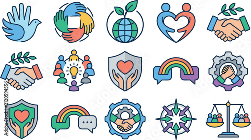 Global Community Support and Social Responsibility Partnership Vector Icon Collection