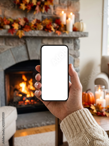 Fall phone mockup held by hand in cozy knit sweater by decorated fireplace with burning fire pumpkins and autumn leaves with copy space on blank screen
