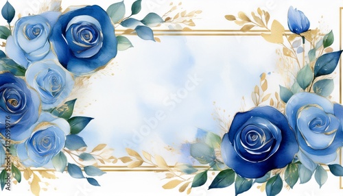 watercolor blue roses floral frame with gold accents