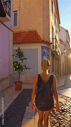 Blonde tourist woman with backpack walking down a sunny narrow cobblestone street lined with outdoor cafes and colorful historic buildings, ideal for travel lifestyle background