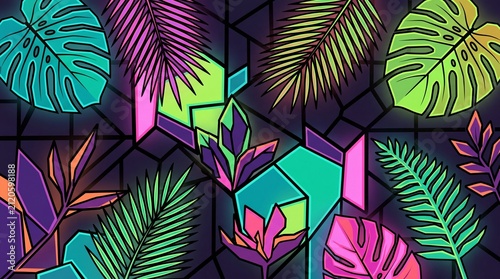 Neon botanical tropical foliage overlaid on geometric stained glass pattern with tropical botanical geometric