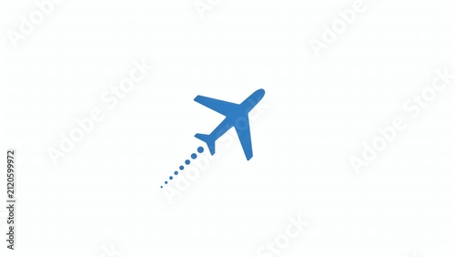 Blue airplane icon with dotted flight trail on white background with airplane icons flight trails flight path