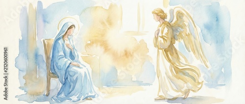 Annunciation with Mary and angel Gabriel. Christian religious watercolor painting depicting the biblical moment of divine message. Banner with copy space