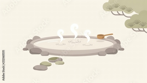 Flat vector illustration of traditional hot spring bath with wooden ladle with surrounded rocks greenery