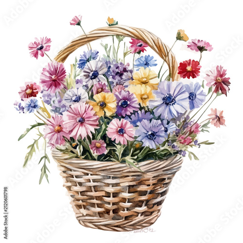 Bild auf Leinwand Bachelors Button Bouquet In A Basket, charming watercolor clipart, isolated on a white background
