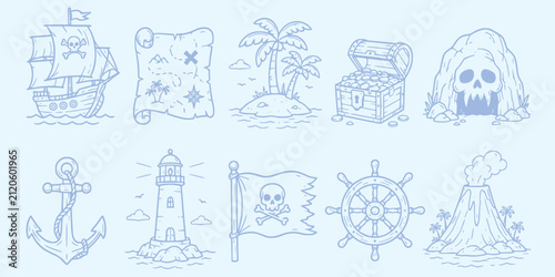 Фотография Collection of hand-drawn pirate-themed including a ship, treasure map, island, c