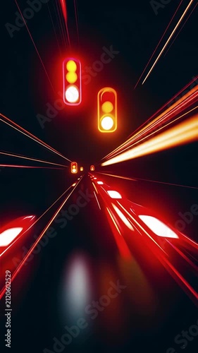 Abstract red and orange light streaks racing through a dark moody highway tunnel in a seamless cinematic 3D animation loop, illustrating high-speed traffic concepts