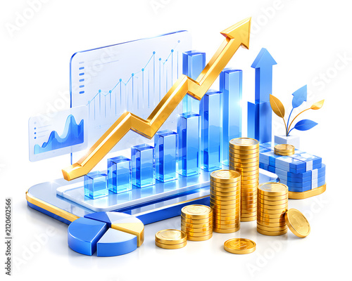Financial growth chart with rising profit investment and gold coins 3D illustration