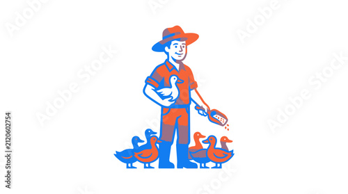 Man feeding chickens in orange outfit.