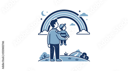 Man holding baby under rainbow.