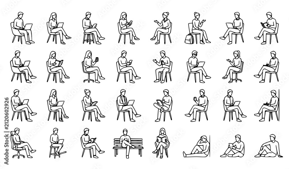 Obraz premium People Silhouette Line Icon Set with Sitting Human Figures and Architectural Outline Vector Collection