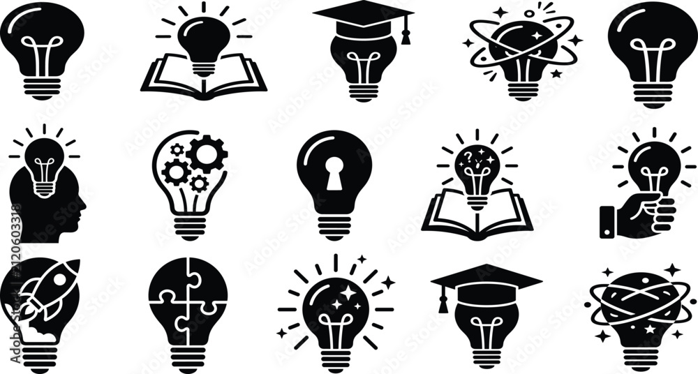 Fototapeta premium Idea Lightbulb Silhouette Vector Set, Innovation Concept Icons