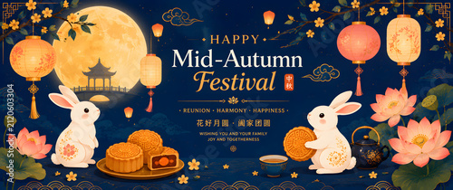 Happy Mid Autumn Festival with rabbits mooncakes and lanterns
