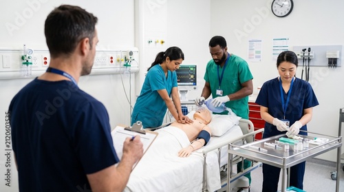 Medical Students CPR Team Training In Simulation Lab Over Shoulder