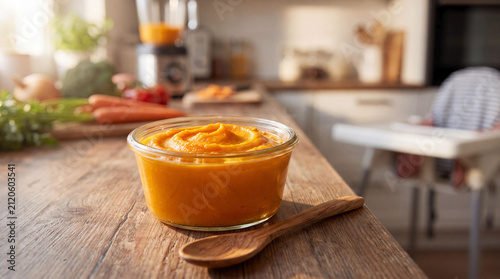 Fresh Homemade Organic Vegetable Puree in a Glass Bowl on a Wooden Kitchen Table