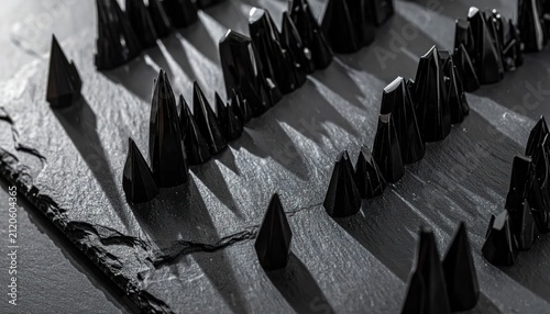 Abstract black ferrofluid spikes on dark textured background