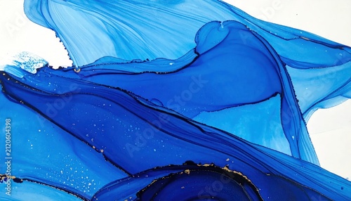 Abstract blue alcohol ink with gold marble texture.