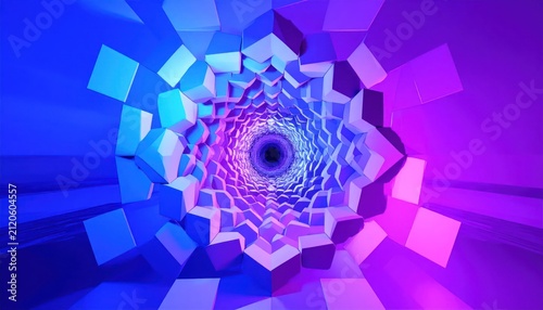 Abstract blue and purple geometric square tunnel background.