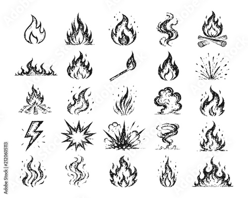 Hand drawn fire and flame icons set, 25 black ink sketch bonfire and smoke elements, vintage woodcut style explosion and spark vector illustrations