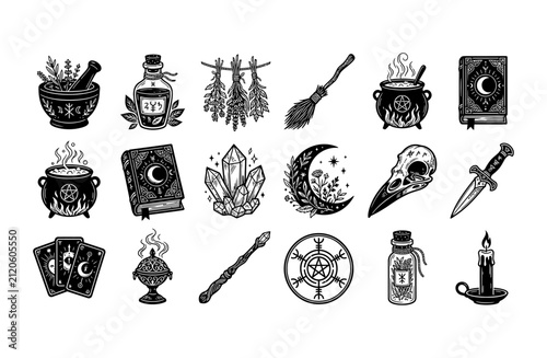 Mystical witchcraft icons set, hand drawn occult symbols and magic elements, 18 black and white linocut vector illustrations for wicca and alchemy