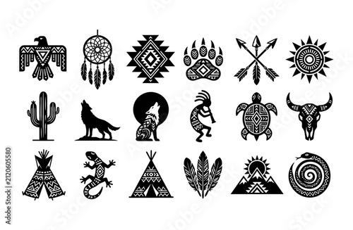 Obraz na plátně Native American tribal symbols set, 18 black ethnic vector icons, indigenous cul