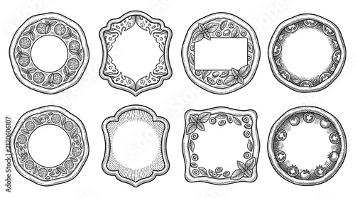 Vintage hand-drawn pizza frame set with pepperoni and basil illustrations, engraving style borders isolated on white background for menu design.