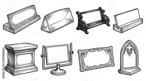 Set of vintage desk nameplates and blank decorative signs in engraved style isolated on white background