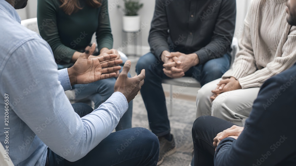 Fototapeta premium Diverse Group of Individuals Sitting in a Circle Engaging in Open Communication During a Supportive Mental Health Therapy Session Meeting