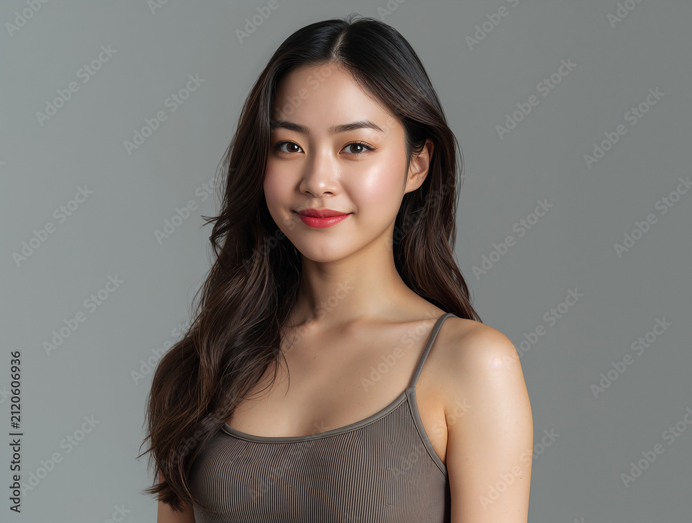 Fototapeta premium Beautiful Smiling Brunette Woman with Ponytail Looking at Camera in Studio Beauty Fashion Portrait with Happy Expression