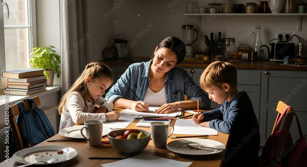 Fototapeta premium A dedicated mother sits at a wooden kitchen table while helping her young daughter and son with their school homework and daily studies