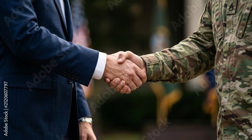 Civilian and military sectors collaborating through a firm handshake and building trust.