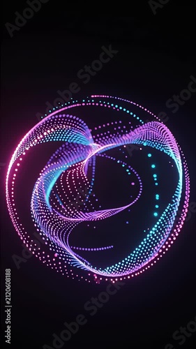 Glowing neon particle sphere swirling dynamically inside a dark void in cinematic 3D animation, ideal for technology and abstract backgrounds