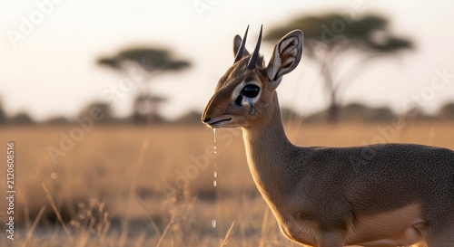 Dik-dik antelope in African savanna. Small wild animal standing in golden sunset light.