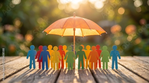 Life and health benefit concept featuring paper people figures gathered under a protective orange umbrella.