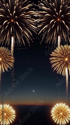 Spectacular colorful fireworks exploding in a dramatic 3D CGI night sky with golden red and blue bursts transforming into white flowers ideal for celebration backgrounds