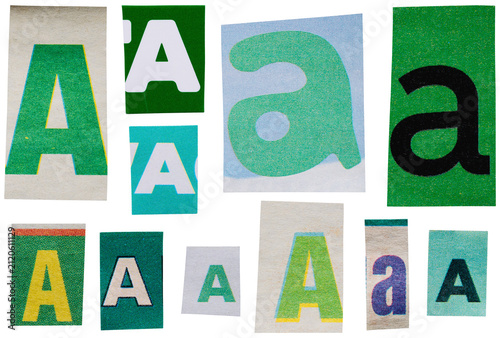 Fotografie Green ransom note letter A collection made from newspaper and magazine cutouts i