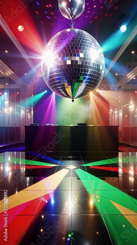 Large mirrored disco ball spinning gracefully in empty premium 3D CGI animated disco hall casting sweeping multicolored light beams on glossy floor ideal for party background