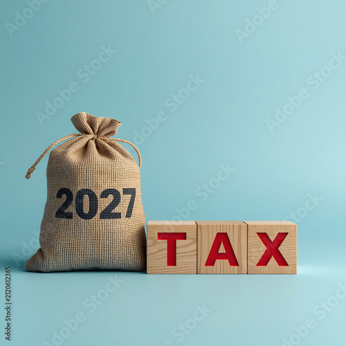 Income tax 2027 concept with money bag. Financial planning for future fiscal year.