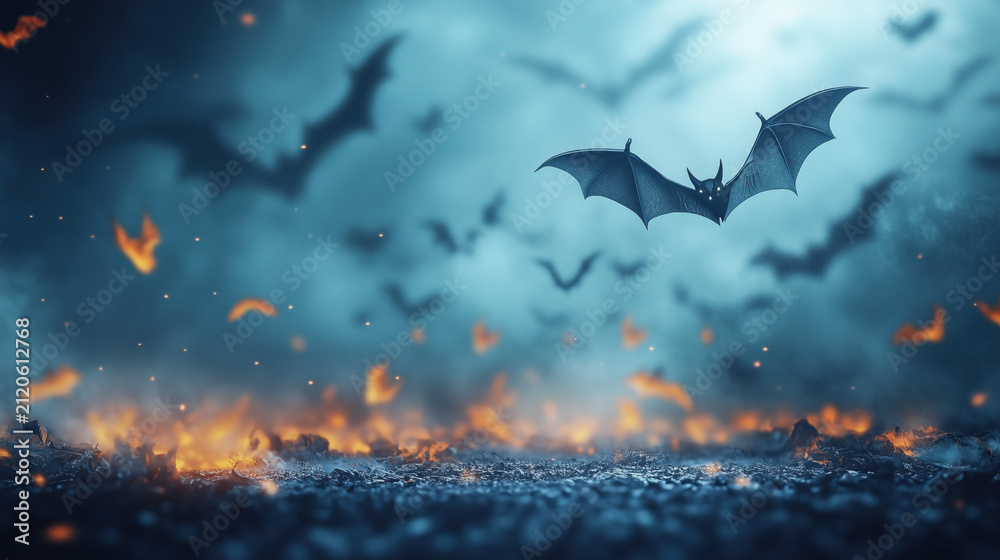 Obraz premium Flying Bat Over Glowing Halloween Pumpkins in Foggy Moonlit Forest