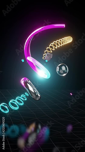 Glowing geometric cubes spheres and metallic rings dynamically orbiting and morphing in a sleek dark 3D digital void with neon particle trails and light streaks