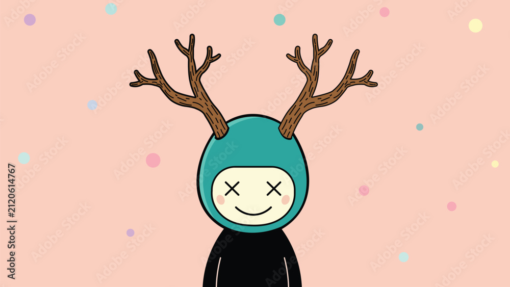 Naklejka premium Cute fantasy character illustration featuring deer antlers and smiling cartoon mascot vector design
