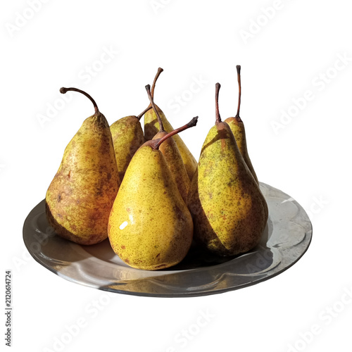 Isolated ripe yellow pears on a plate against a transparent background.
