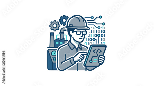Foto Man in hard hat using tablet.
