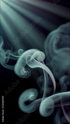 Dark swirling smoke tendrils in a space void with bright light beams creating elegant abstract patterns in a cinematic 3D animation, perfect for modern business and tech presentations
