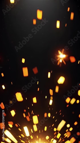 Glowing orange fire embers and sparks rising vertically against a dark background in a seamless looping cinematic animation, ideal for abstract energy and particle effect backgrounds