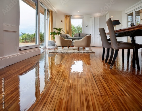 interior hardwood floor flooded with standing water reflecting home furniture