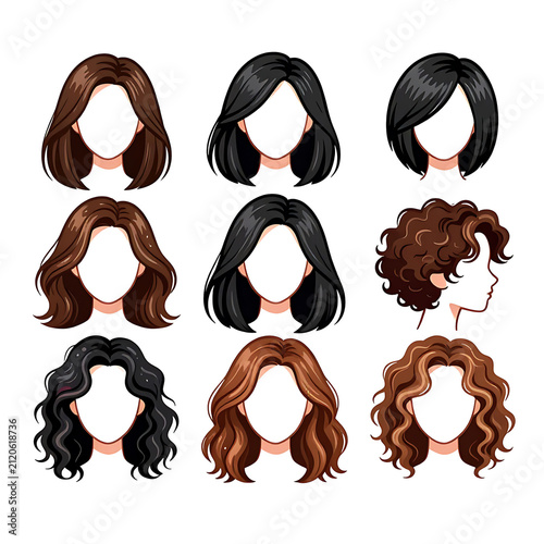 Set of diverse human hair wigs for fashion and styling. Realistic synthetic hairpieces in multiple textures and colors for beauty professionals.
