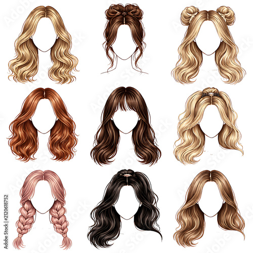 Set of nine realistic wavy and curly hair textures for beauty design. High-resolution isolated hairstyles in multiple shades for digital and print...
